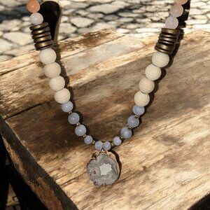 Beautiful Cream/Bronze/ Blue Boho Beaded necklace with glass drop pendant